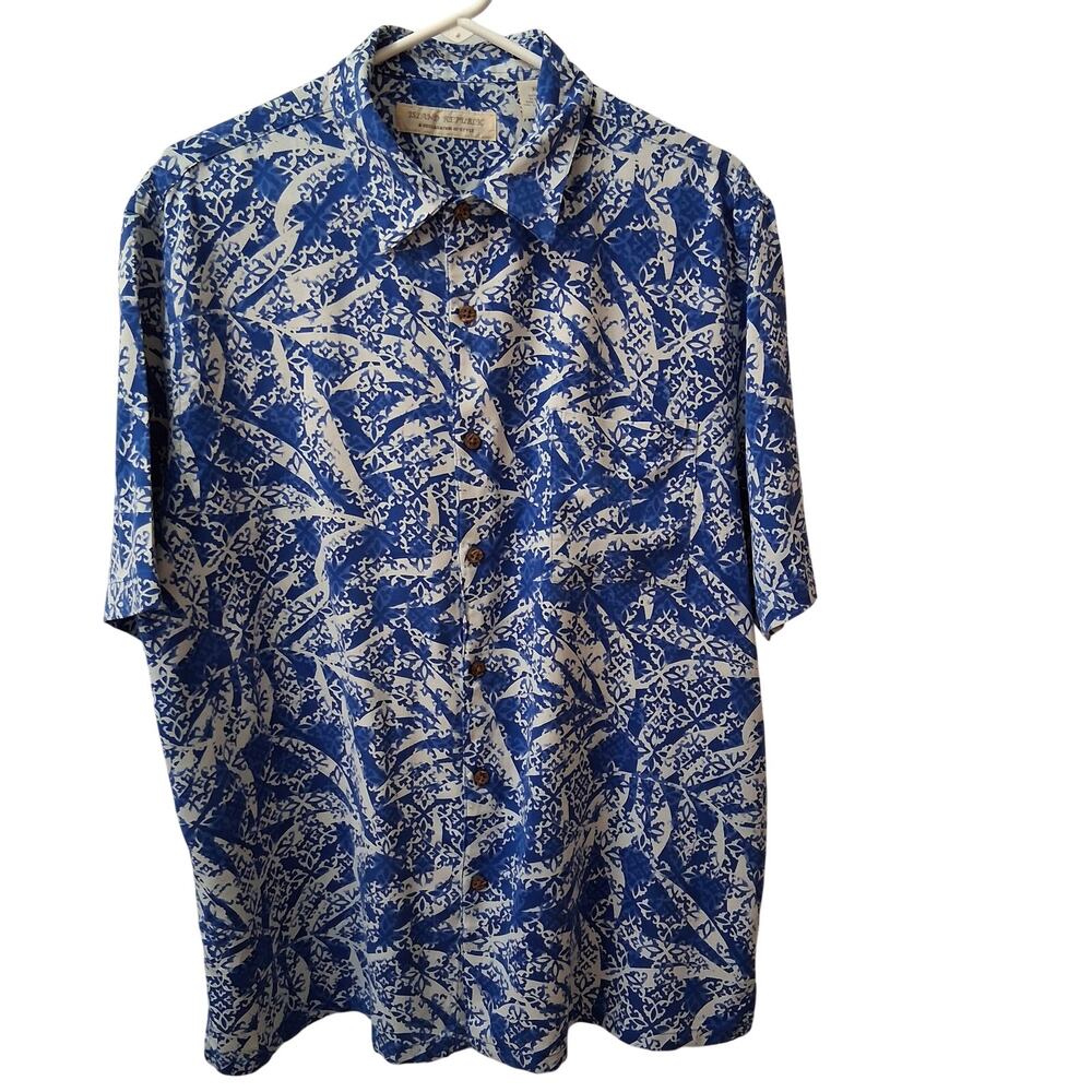 Island Republic Men 100% Silk Blue/White Short Sleeve Shirt Hawaiian Tropical-XL